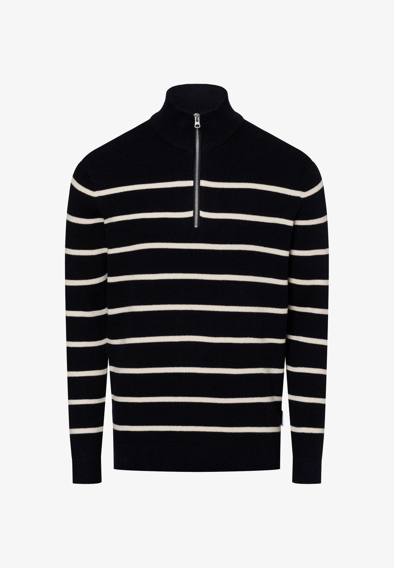 Marineblauer Strickpullover mit weißen horizontalen Streifen, halbem Reißverschluss am Kragen, gerippten Bündchen und Saum, hergestellt aus strukturiertem Stoff.