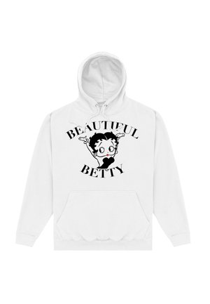 Biała bluza z kapturem z centralnym czarnym grafiką postaci z wyciągniętymi ramionami oraz napisem "PIĘKNA BETTY" w pogrubionej czcionce.