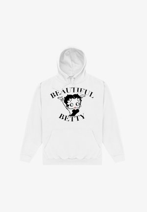 Hvid hoodie med et centralt sort grafisk motiv af en karakter med udstrakte arme og tekst, der siger "BEAUTIFUL BETTY" i fed skrift.