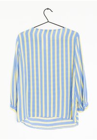 Blue and yellow striped long-sleeve blouse with a rounded neckline, soft fabric, buttoned sleeves, and a rounded hemline.
