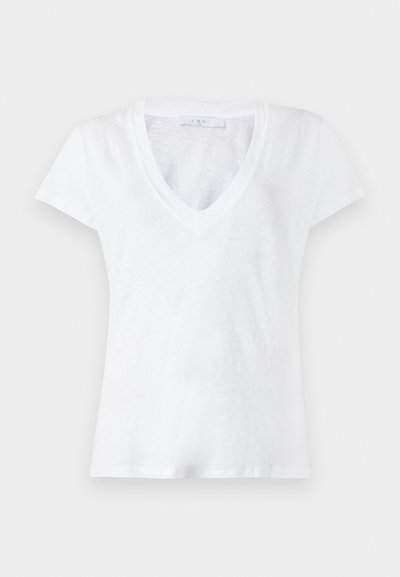 White short-sleeve women's V-neck T-shirt with a slightly textured fabric on a plain light background.