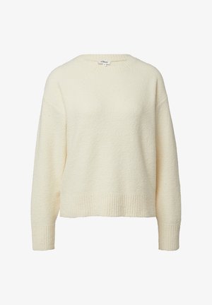 Kremowy, długi sweter dziany z długim rękawem, z okrągłym dekoltem oraz ściągaczami na rękawach i u dołu, wykonany z miękkiej, teksturowanej tkaniny.