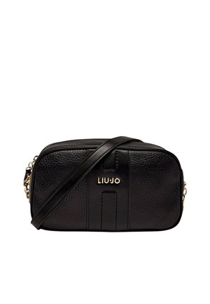 Borsa a tracolla in pelle nera goffrata con logo dorato "LIU JO" e tracolla regolabile.