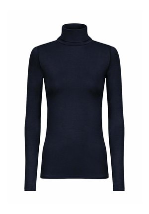 Maglione a collo alto di colore blu navy realizzato in un materiale morbido e elasticizzato. Maniche lunghe con un design aderente e collo alto. Texture liscia, senza fantasie.