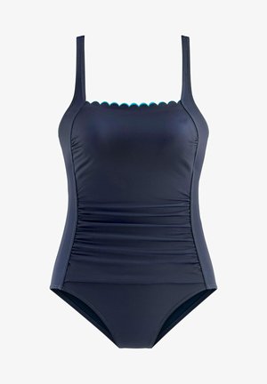 Costume da bagno intero blu navy con spalline regolabili, scollatura a ondine, fianchi arricciati e una texture liscia. Adatto per attività acquatiche.