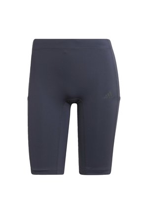 Navy blue stretch fabric athletic shorts with a fitted design, featuring a contrasting logo, flat seams, and a knee-length cut.