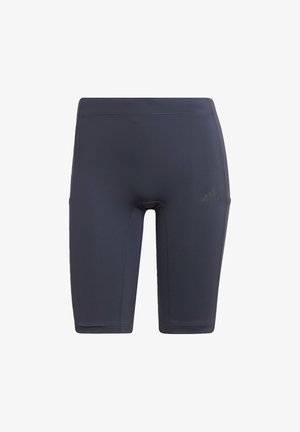 Navy blue stretch fabric athletic shorts with a fitted design, featuring a contrasting logo, flat seams, and a knee-length cut.