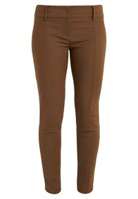 Bruine, aansluitende broek gemaakt van rekbaar materiaal met een gladde textuur. Bevat een platte tailleband en geen zichtbare zakken, op maat gemaakt ontwerp.