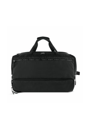 Sac de sport noir en tissu durable, avec des poignées supérieures doubles, des fermetures éclair, et un design épuré et minimaliste agrémenté d'un logo discret.