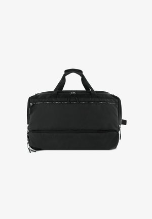 Schwarze Duffel-Tasche aus strapazierfähigem Stoff, mit zwei Obergriffen, Reißverschlüssen und einem eleganten, minimalistischen Design mit dezentem Logo-Akzent.