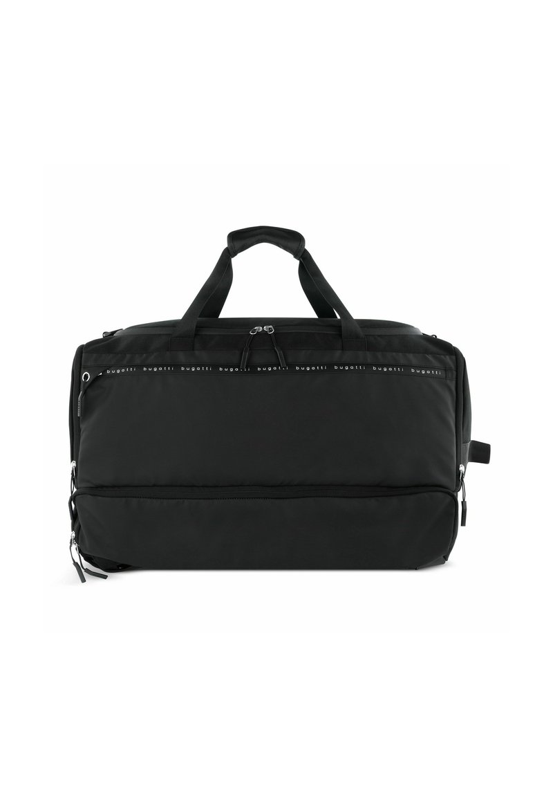Sac de sport noir en tissu durable, avec des poignées supérieures doubles, des fermetures éclair, et un design épuré et minimaliste agrémenté d'un logo discret.