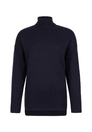 Granatowy golf z prążkowanym dekoltem i krawędzią. Wykonany z miękkiej tkaniny, o luźnym kroju i opadających ramionach.