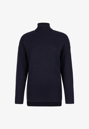 Granatowy golf z prążkowanym dekoltem i krawędzią. Wykonany z miękkiej tkaniny, o luźnym kroju i opadających ramionach.