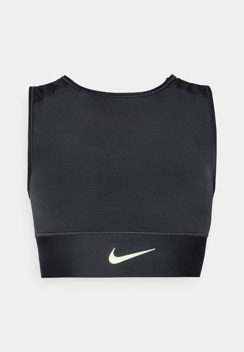 Top sportivo nero con una texture liscia e design racerback. Presenta un logo Nike in verde chiaro contrastante sulla banda.