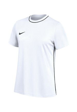 Camiseta deportiva blanca de manga corta con logo de Nike negro en el pecho, ribetes negros en el cuello y los laterales, fabricada con tejido transpirable.