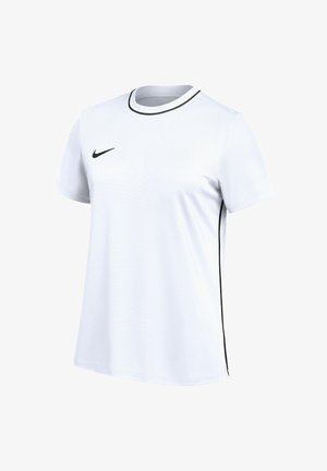 T-shirt de sport blanc à manches courtes avec logo Nike noir sur la poitrine, passepoil noir le long du col et des côtés, en tissu respirant.