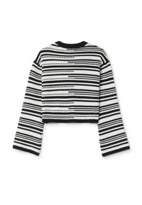 Gekürzter Pullover in schwarz-weißen Streifen, mit langen Ärmeln, strukturiertem Strickstoff und einem runden Halsausschnitt mit gerippten Akzenten.