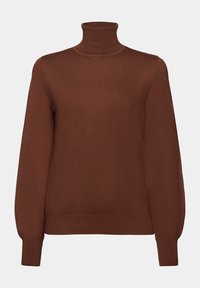 Pull-over marron à col montant, manches longues et poignets côtelés. Confectionné dans un tissu maille lisse et extensible, avec une coupe ajustée.