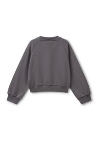 Felpa grigia con collo rotondo, polsini e bordo a costine. Presenta una vestibilità comoda e un tessuto morbido e strutturato. Vista dal retro.