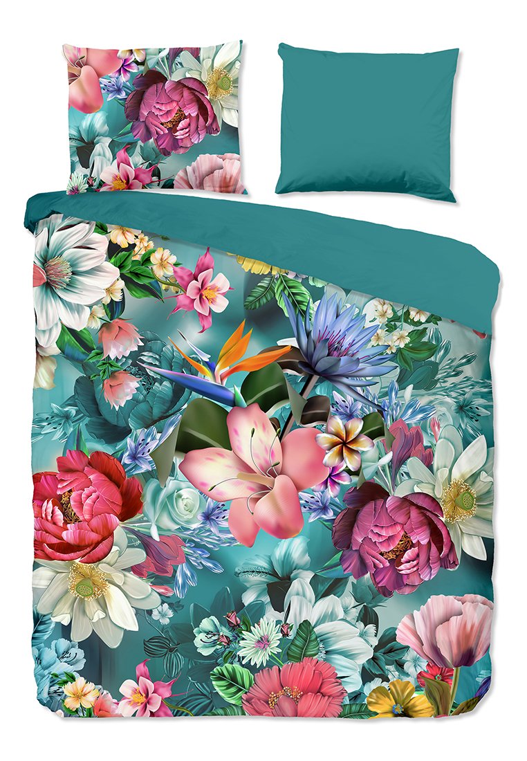 Blumenbettwäsche-Set mit lebhaften Blumen in den Farben Pink, Rot und Blau, akzentuiert mit Türkis; inklusive zwei passenden Kissenbezügen.