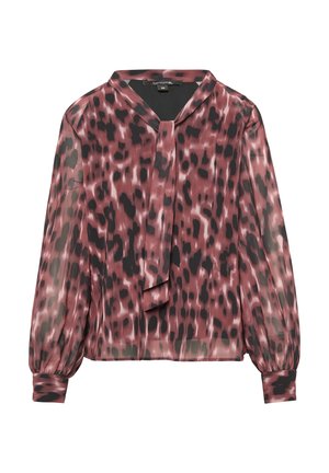 Bluzka z długim rękawem z przezroczystej tkaniny z różowo-czarnym abstrakcyjnym nadrukiem lamparta. Wiązana przy szyi, z elastycznymi mankietami.