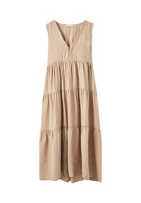 Robe beige clair sans manches avec un décolleté en V, design à volants, et tissu doux. Présente des volants fluides et une silhouette décontractée.