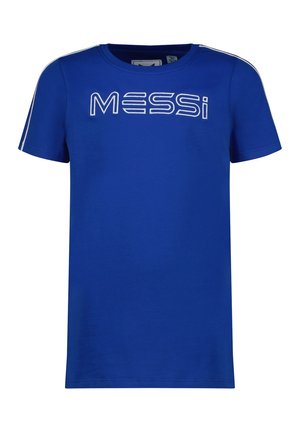 Niebieska koszulka z krótkim rękawem z nadrukiem "MESSI" białymi dużymi literami na piersi oraz białymi paskami na rękawach.