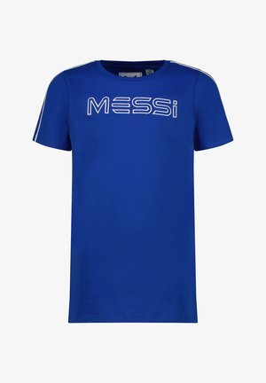 Niebieska koszulka z krótkim rękawem z nadrukiem "MESSI" białymi dużymi literami na piersi oraz białymi paskami na rękawach.