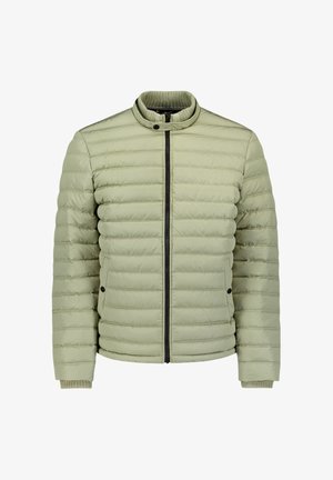 Lichtgroene donzen jas met een opstaande kraag, verticaal gestikt patroon, ritssluiting aan de voorkant en geribbelde manchetten; strak, geïsoleerd ontwerp.