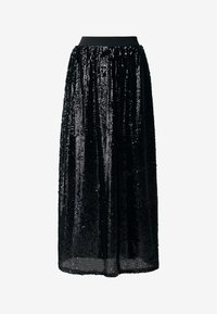 Schwarzer Pailletten-Maxi-Rock mit breitem elastischen Bund, der ein fließendes, mehrlagiges Design und eine glänzende, strukturierte Oberfläche aufweist.