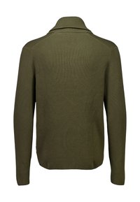 Olivgrüner, gerippter Strickpullover mit Schalkragen und langen Ärmeln. Verfügt über eine subtile Textur und einen lockeren Schnitt, der auf Hüfthöhe endet.