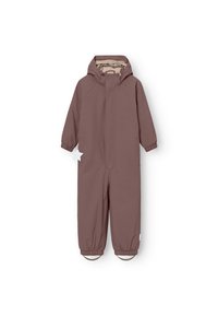 Hellbrauner Kinder-Schneeanzug mit Kapuze, elastischen Bündchen, Handtaschen und einer glatten Oberfläche, ausgestattet mit einem minimalistischen Design.