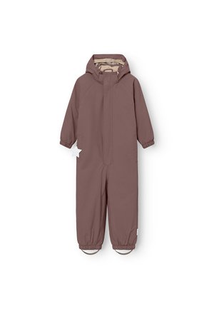 Hellbrauner Kinder-Schneeanzug mit Kapuze, elastischen Bündchen, Handtaschen und einer glatten Oberfläche, ausgestattet mit einem minimalistischen Design.