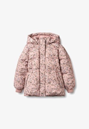 Chaqueta acolchada rosa con capucha, con un patrón integral de pequeñas flores, puños acanalados y cierre doble con cremallera.