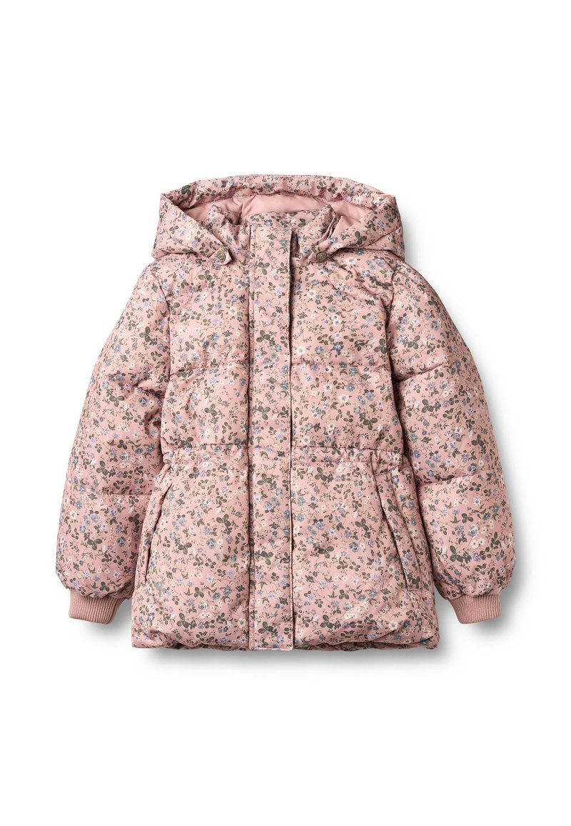 Różowa, pikowana kurtka w kwiaty z kapturem, ozdobiona wzorem małych kwiatów na całej powierzchni, z ściągaczami na mankietach i podwójnym zamkiem błyskawicznym.