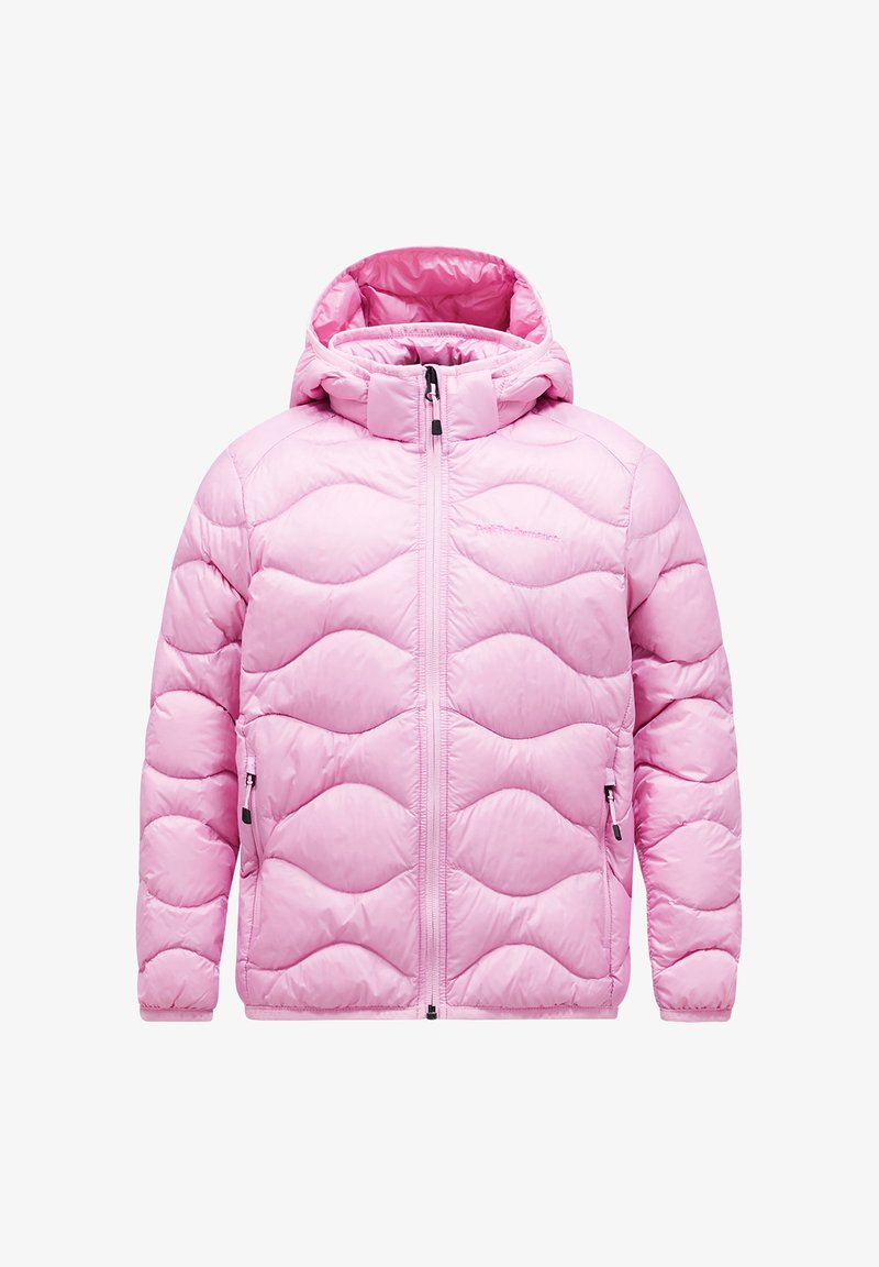 Pink puffer jacket with a hood, featuring quilted pattern, zip front, two side pockets, and smooth, shiny texture.