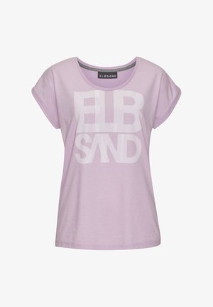 T-shirt en coton lilas avec des manches courtes et un col rond, ornée de grandes lettres blanches en bloc épelant "ELBSAND" sur le devant.