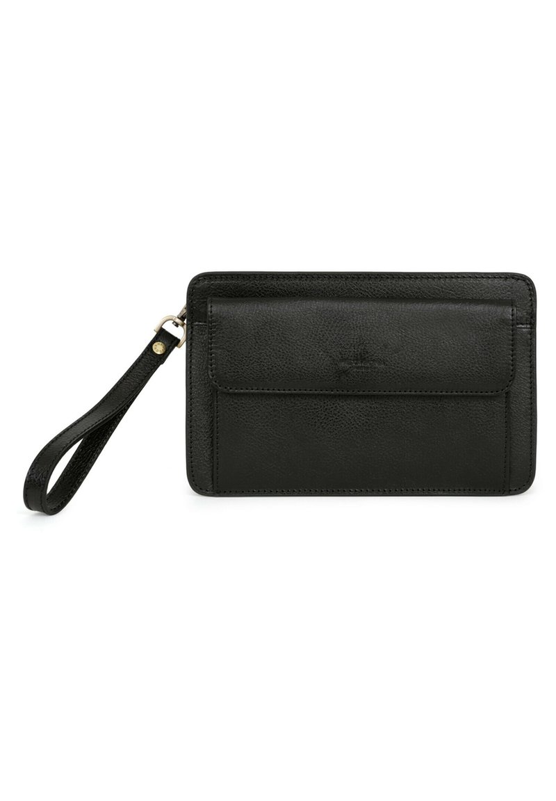 Zwarte leren portemonnee met een polsband, met een gladde textuur, rechthoekige vorm en een voorvak met een klepsluiting.