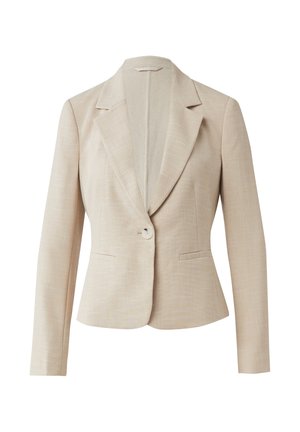 Beige blazer with a textured fabric, single button closure, notched lapels, and two front pockets. Tailored fit with long sleeves.