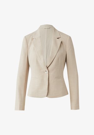 Beige blazer with a textured fabric, single button closure, notched lapels, and two front pockets. Tailored fit with long sleeves.