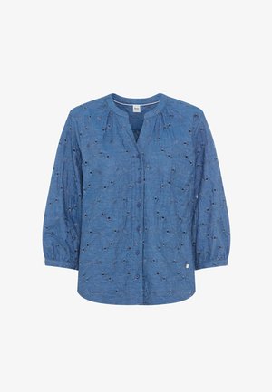 Camicia blu con bottoni, ricamata con motivi floreali a occhiello, maniche lunghe con polsini elastici e scollo rotondo.