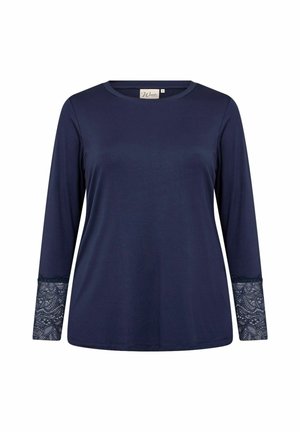 Cămașă cu mânecă lungă de culoare navy, confecționată dintr-un material neted, cu accente din dantelă la mansete. Guler rotund și croi lejer.