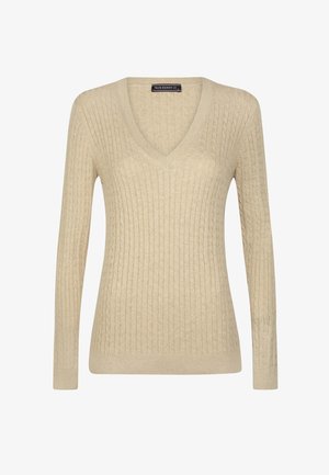 Pull en V en maille torsadée beige avec manches longues, poignets et ourlet côtelés, étiqueté Felix Hardy.