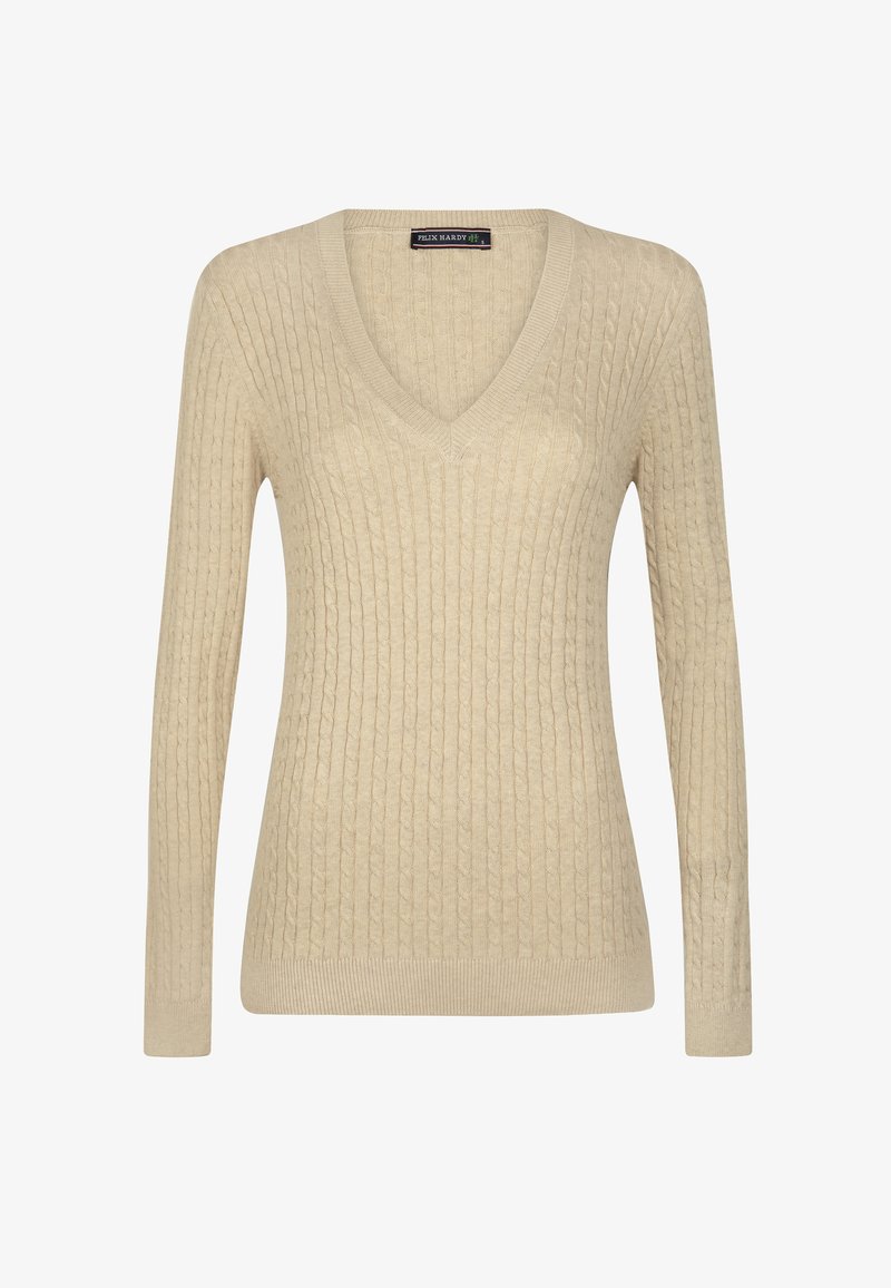 Beige kabelgebreide V-hals trui met lange mouwen, geribbelde manchetten en zoom, gelabeld als Felix Hardy.