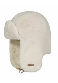 Gorro trapero de pelo sintético color crema con solapas para las orejas y un forro suave. Presenta una etiqueta de cuero con la marca. Forma suave y redondeada.