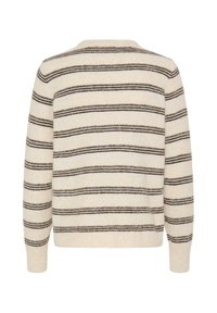 Pull beige à manches longues avec des rayures noires horizontales, vu de dos, poignets et ourlet côtelés, pas de logos ou motifs visibles.