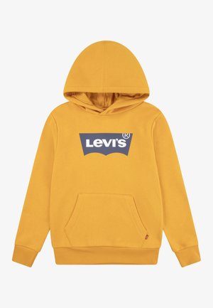 Felpa gialla con cappuccio e tasca a marsupio, con una grafica del logo Levi's in blu scuro sul davanti. Materiale misto cotone, polsini a costine.