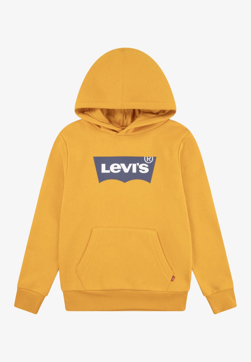 Felpa gialla con cappuccio e tasca a marsupio, con una grafica del logo Levi's in blu scuro sul davanti. Materiale misto cotone, polsini a costine.
