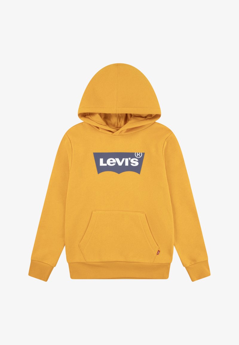Gul hettegenser med kengurulomme, med en mørkeblå Levi's logo-grafikk på fronten. Materiale i bomullsblanding, ribbede mansjetter.