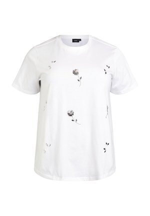 T-shirt en coton blanc avec broderie florale en noir et gris, encolure ronde, manches courtes et coupe décontractée.